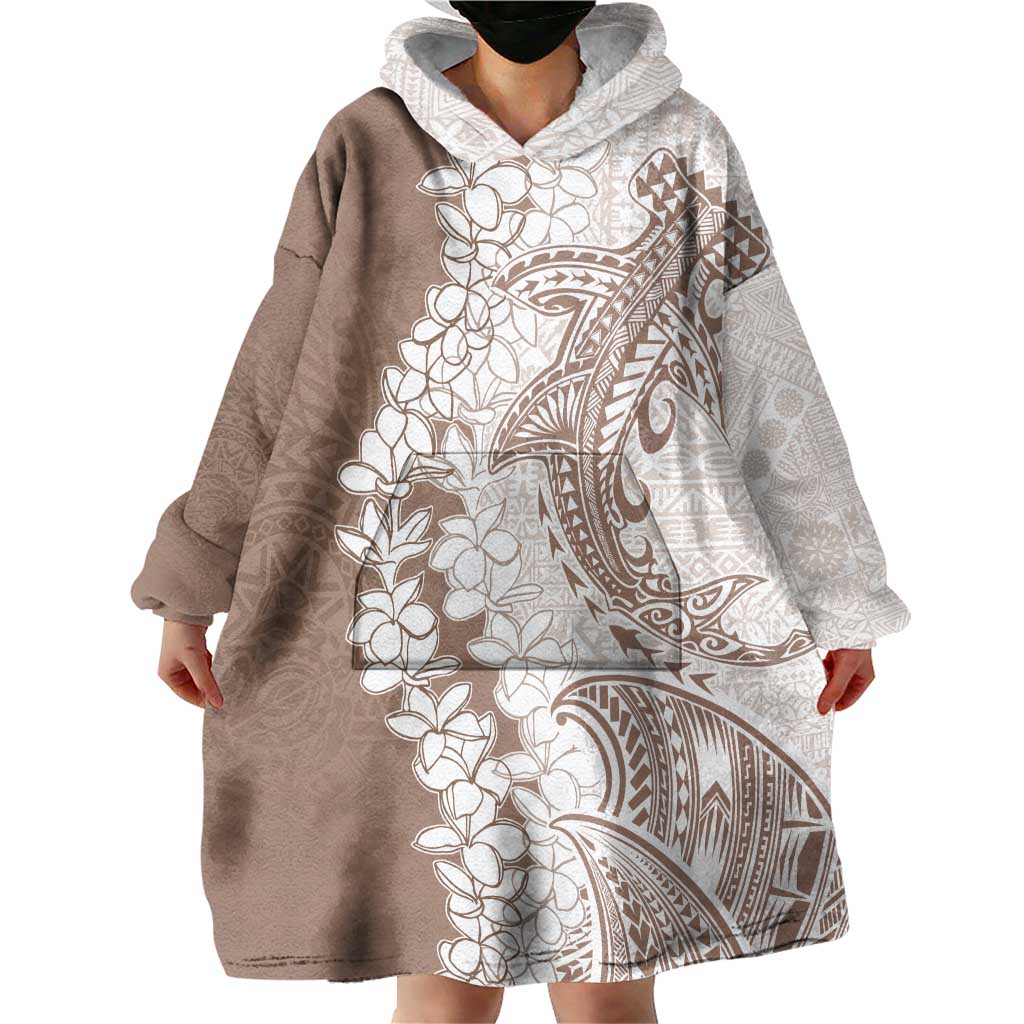Polynesian Beige Plumeria Lei Wearable Blanket Hoodie with Hammerhead Shark