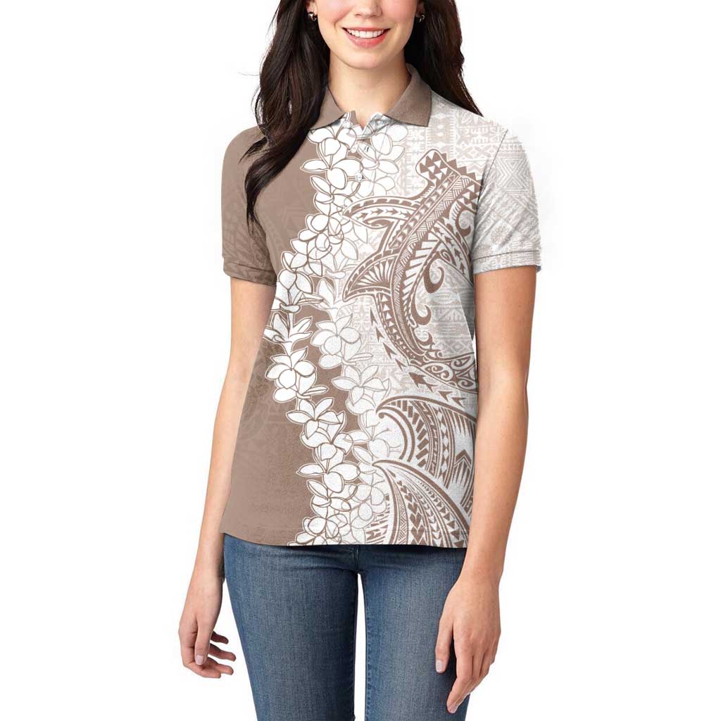 Polynesian Beige Plumeria Lei Women Polo Shirt with Hammerhead Shark