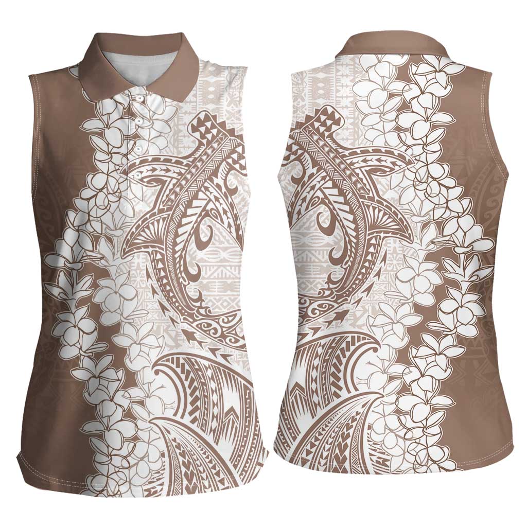 Polynesian Beige Plumeria Lei Women Sleeveless Polo Shirt with Hammerhead Shark LT7 - Polynesian Pride