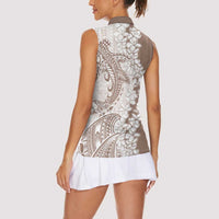 Polynesian Beige Plumeria Lei Women Sleeveless Polo Shirt with Hammerhead Shark LT7 - Polynesian Pride