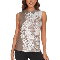 Polynesian Beige Plumeria Lei Women Sleeveless Polo Shirt with Hammerhead Shark LT7 - Polynesian Pride