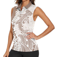 Polynesian Beige Plumeria Lei Women Sleeveless Polo Shirt with Hammerhead Shark LT7 - Polynesian Pride