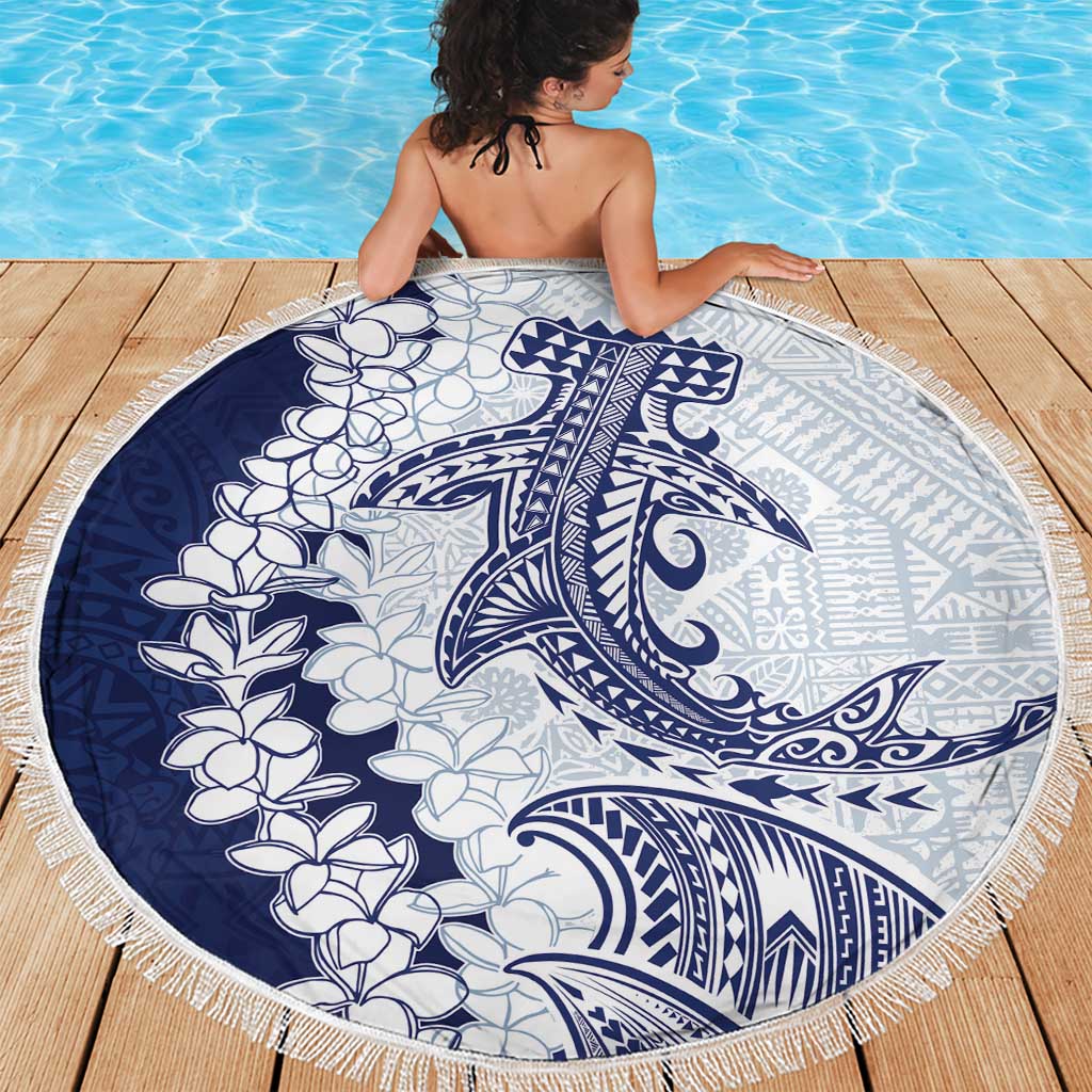 Polynesian Navy Blue Plumeria Lei Beach Blanket with Hammerhead Shark