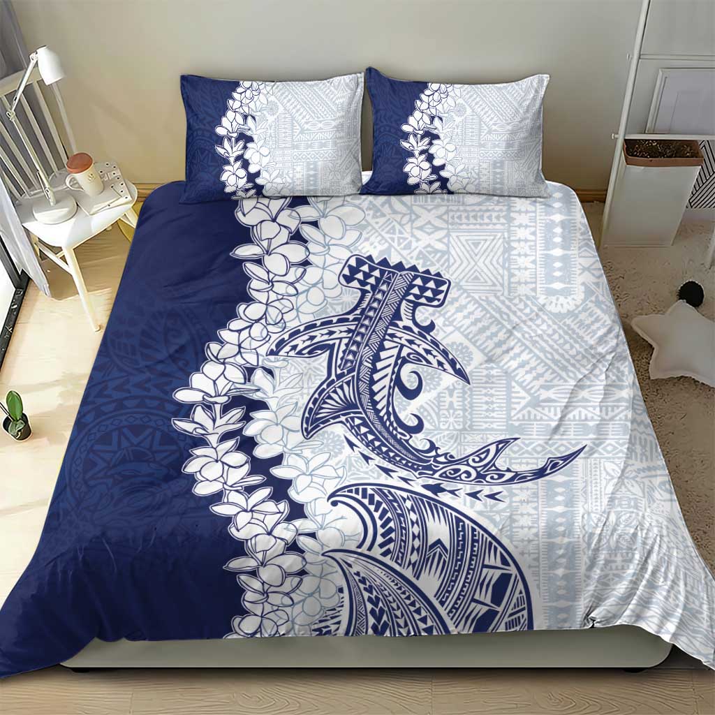 Polynesian Navy Blue Plumeria Lei Bedding Set with Hammerhead Shark