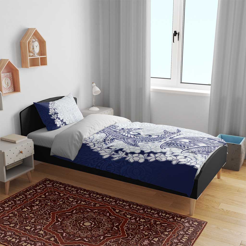 Polynesian Navy Blue Plumeria Lei Bedding Set with Hammerhead Shark