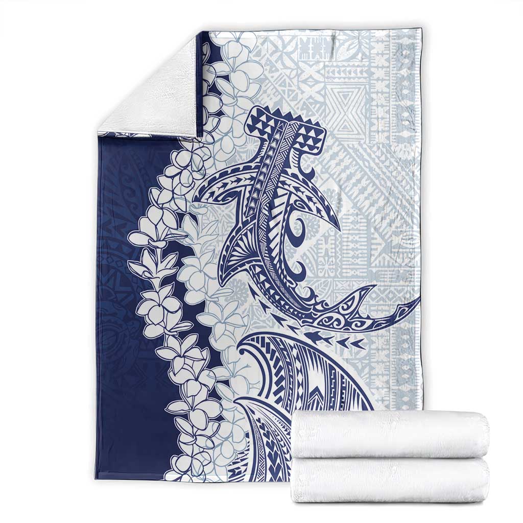 Polynesian Navy Blue Plumeria Lei Blanket with Hammerhead Shark