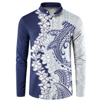 Polynesian Navy Blue Plumeria Lei Button Sweatshirt with Hammerhead Shark