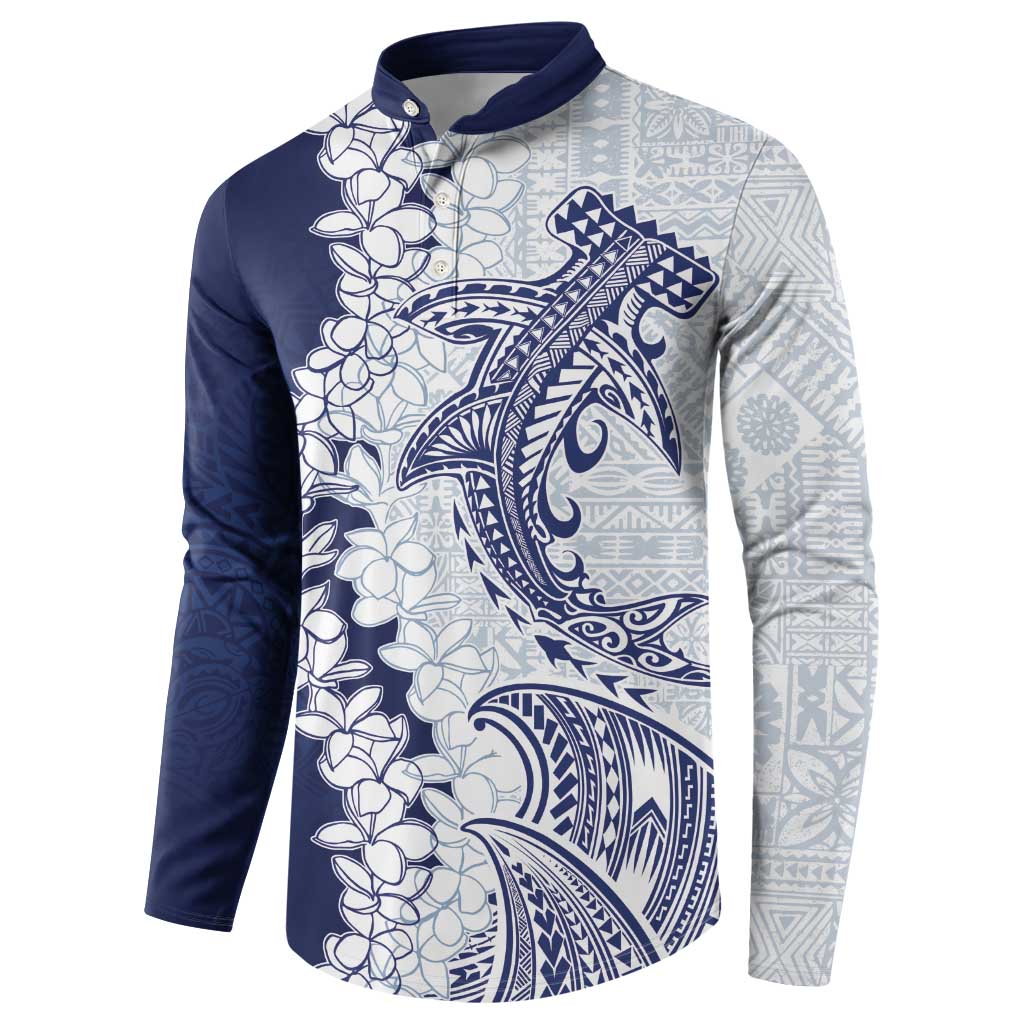 Polynesian Navy Blue Plumeria Lei Button Sweatshirt with Hammerhead Shark