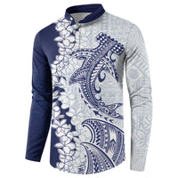 Polynesian Navy Blue Plumeria Lei Button Sweatshirt with Hammerhead Shark