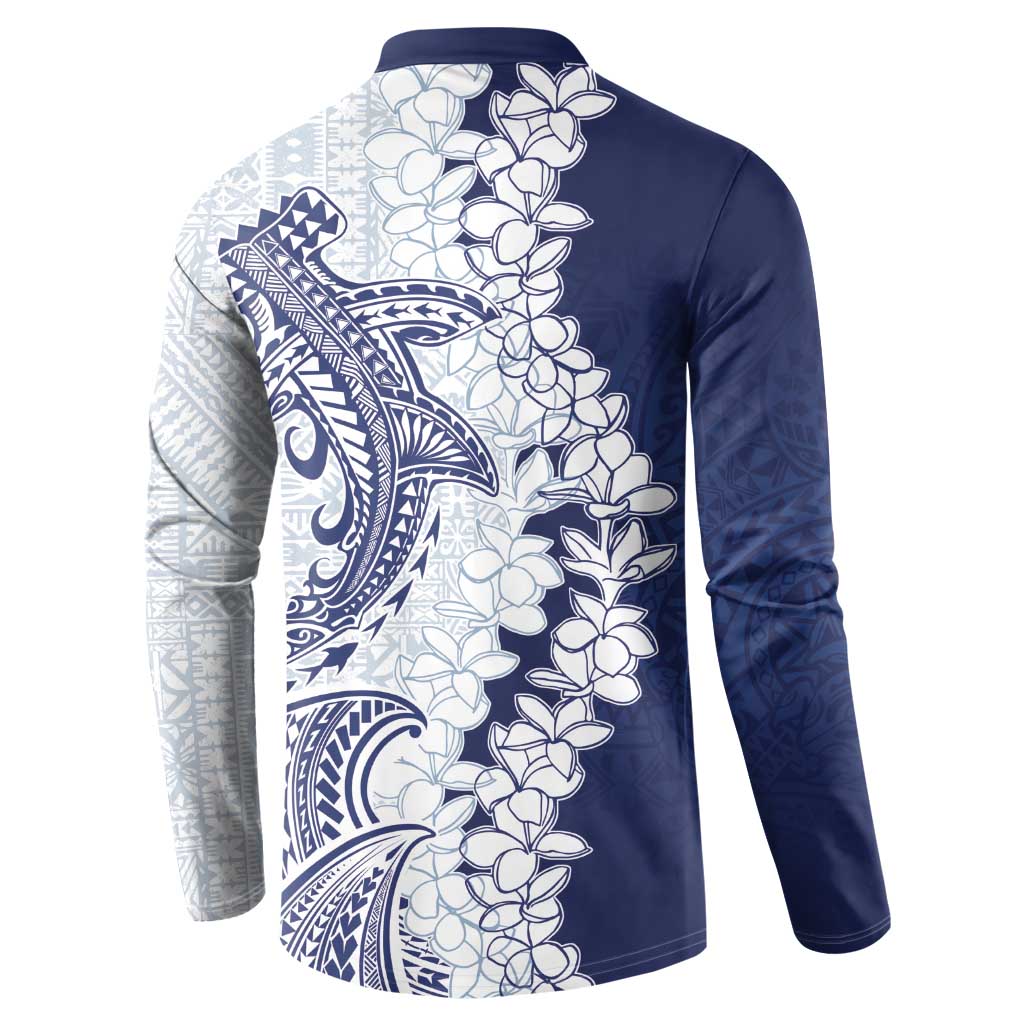 Polynesian Navy Blue Plumeria Lei Button Sweatshirt with Hammerhead Shark