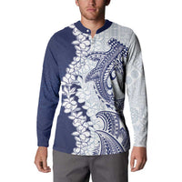 Polynesian Navy Blue Plumeria Lei Button Sweatshirt with Hammerhead Shark