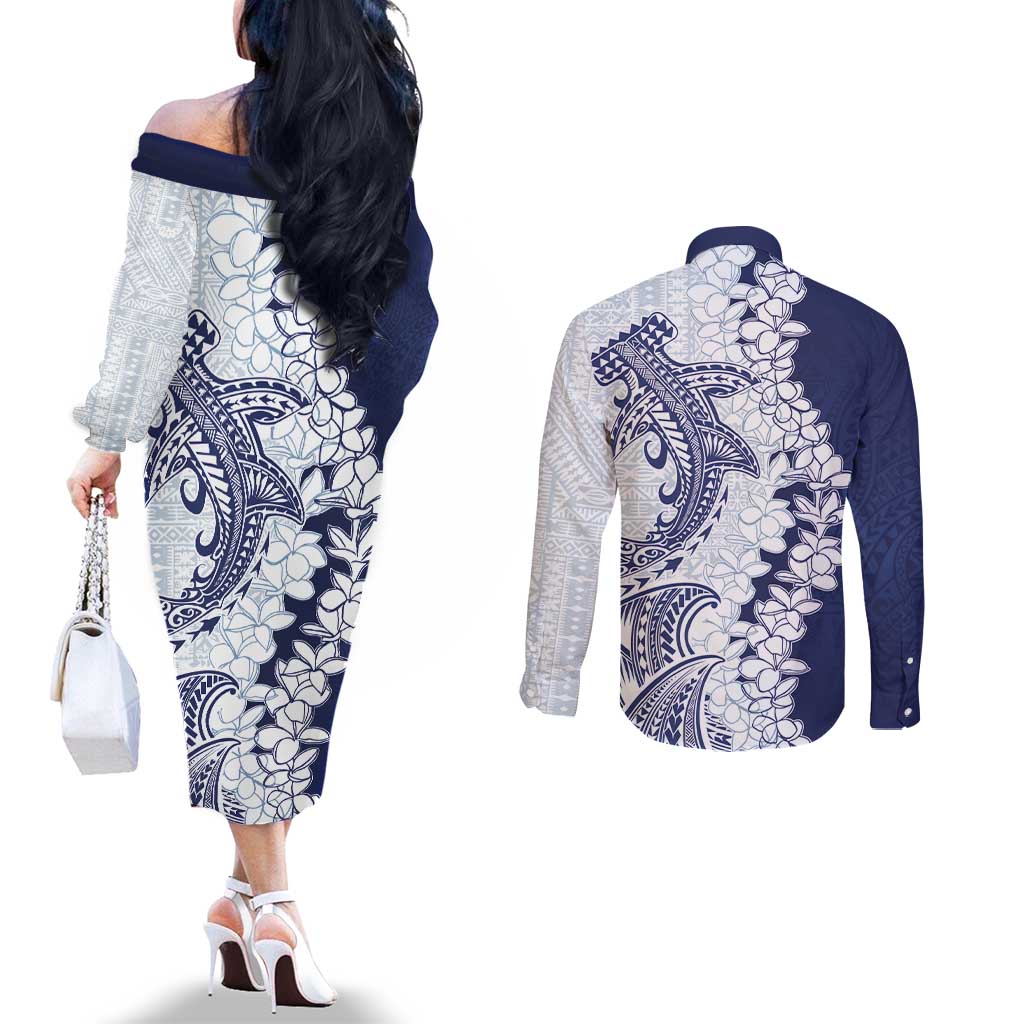 Polynesian Navy Blue Plumeria Lei Couples Matching Off The Shoulder Long Sleeve Dress and Long Sleeve Button Shirt with Hammerhead Shark