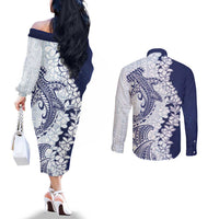 Polynesian Navy Blue Plumeria Lei Couples Matching Off The Shoulder Long Sleeve Dress and Long Sleeve Button Shirt with Hammerhead Shark