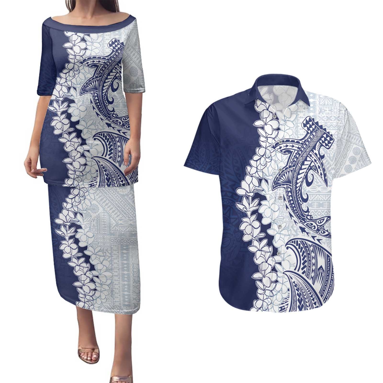Polynesian Navy Blue Plumeria Lei Couples Matching Puletasi and Hawaiian Shirt with Hammerhead Shark