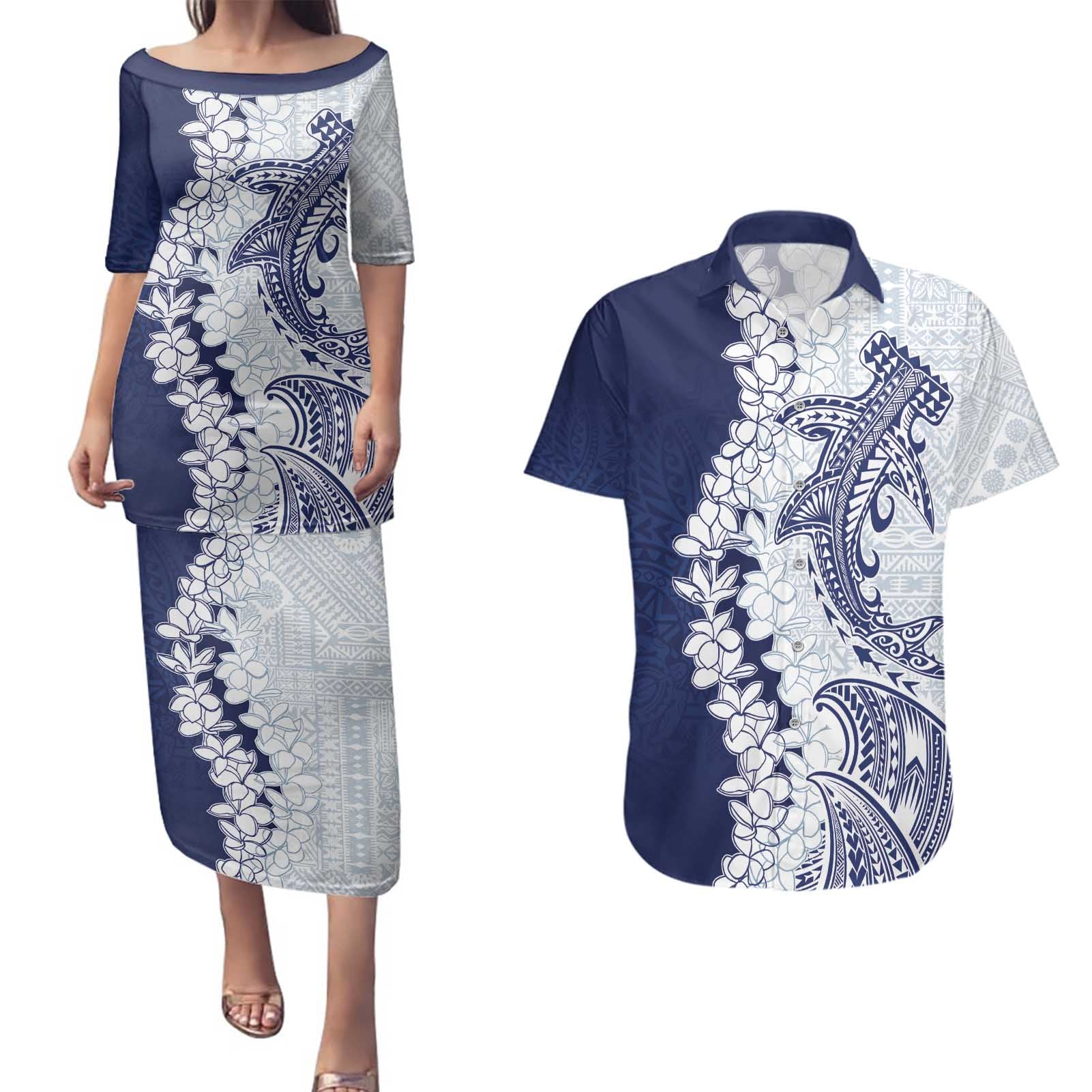 Polynesian Navy Blue Plumeria Lei Couples Matching Puletasi and Hawaiian Shirt with Hammerhead Shark
