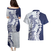 Polynesian Navy Blue Plumeria Lei Couples Matching Puletasi and Hawaiian Shirt with Hammerhead Shark