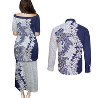 Polynesian Navy Blue Plumeria Lei Couples Matching Puletasi and Long Sleeve Button Shirt with Hammerhead Shark