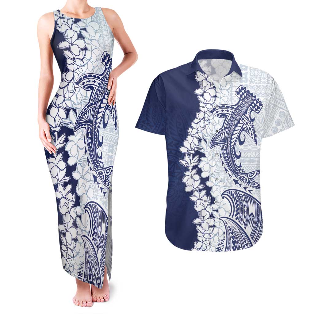 Polynesian Navy Blue Plumeria Lei Couples Matching Tank Maxi Dress and Hawaiian Shirt with Hammerhead Shark