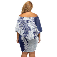 Polynesian Navy Blue Plumeria Lei Family Matching Off Shoulder Short Dress and Hawaiian Shirt with Hammerhead Shark