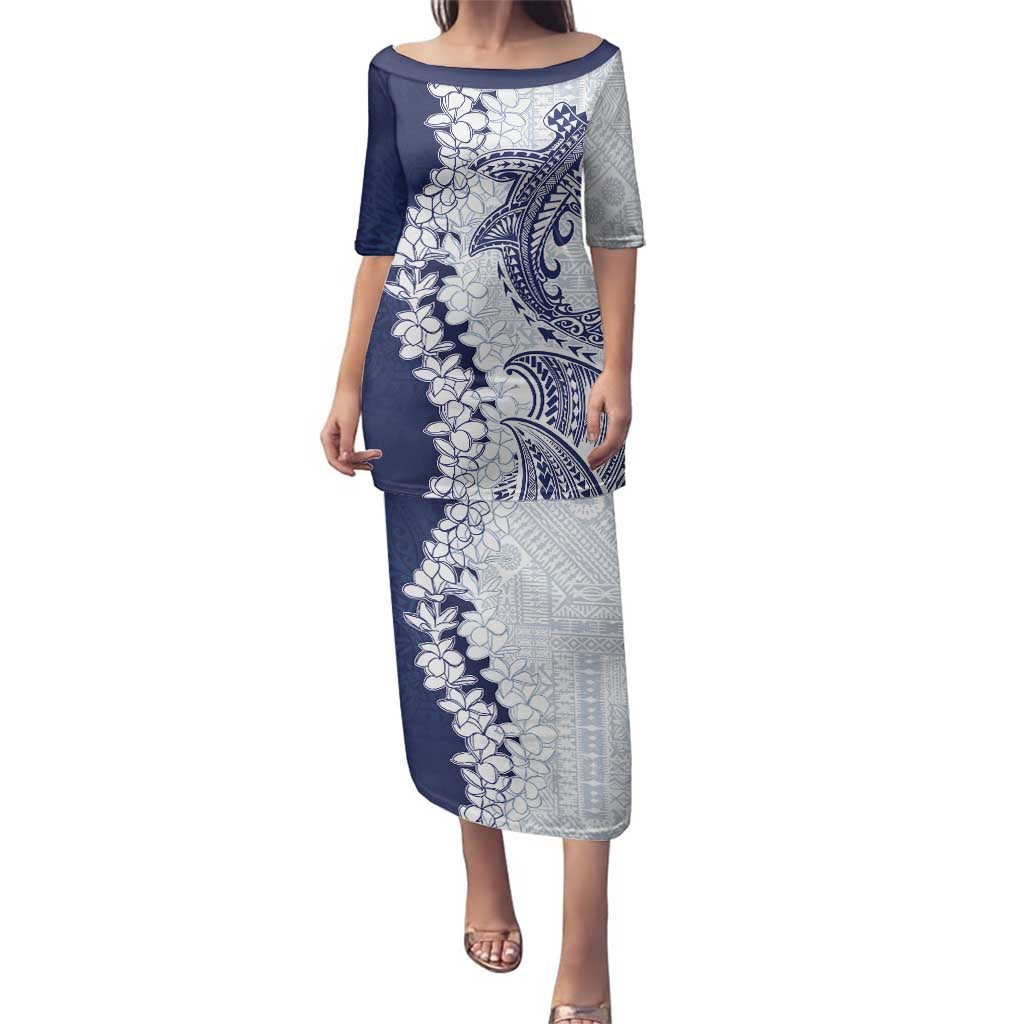 Polynesian Navy Blue Plumeria Lei Family Matching Puletasi and Hawaiian Shirt with Hammerhead Shark