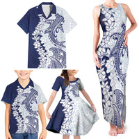 Polynesian Navy Blue Plumeria Lei Family Matching Tank Maxi Dress and Hawaiian Shirt with Hammerhead Shark
