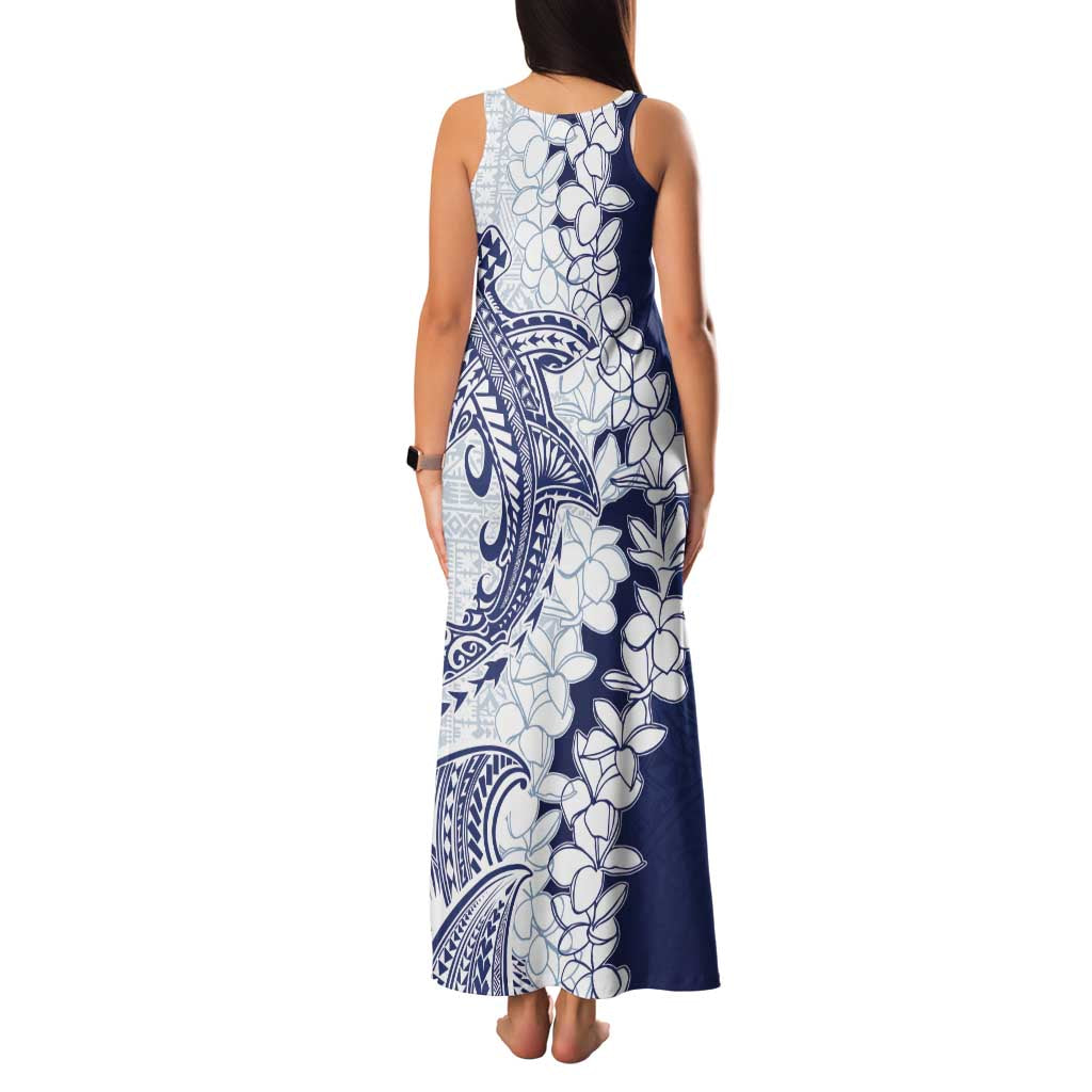 Polynesian Navy Blue Plumeria Lei Family Matching Tank Maxi Dress and Hawaiian Shirt with Hammerhead Shark