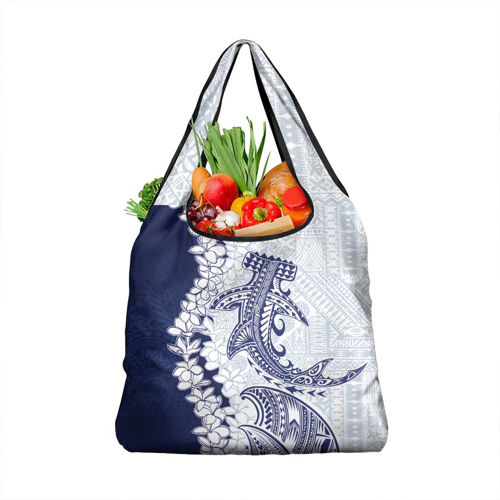 Polynesian Navy Blue Plumeria Lei Grocery Bag with Hammerhead Shark