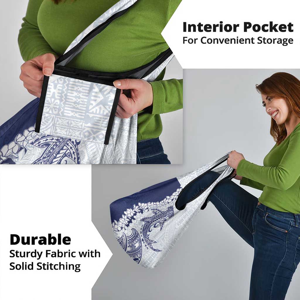 Polynesian Navy Blue Plumeria Lei Grocery Bag with Hammerhead Shark