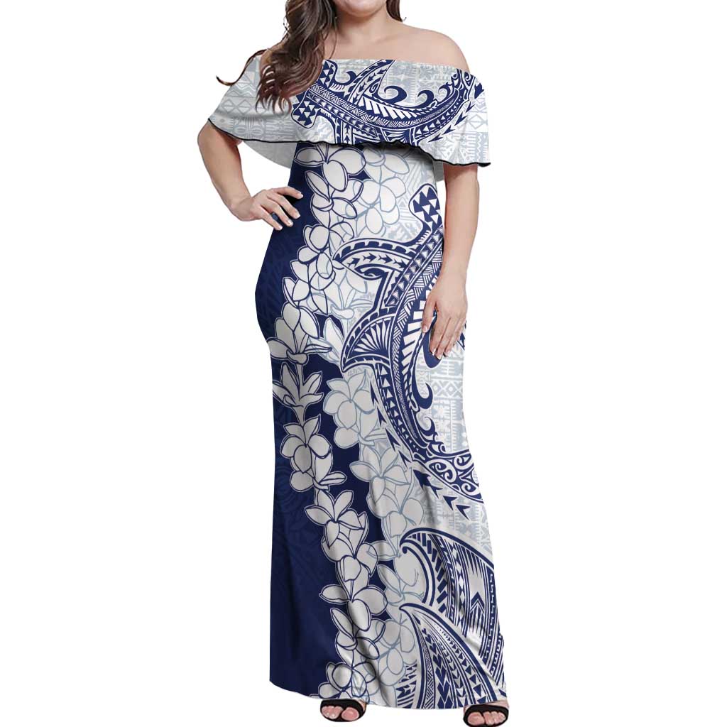 Polynesian Navy Blue Plumeria Lei Off Shoulder Maxi Dress with Hammerhead Shark