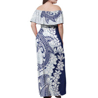 Polynesian Navy Blue Plumeria Lei Off Shoulder Maxi Dress with Hammerhead Shark