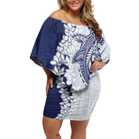 Polynesian Navy Blue Plumeria Lei Off Shoulder Short Dress with Hammerhead Shark LT7 Women Navy Blue - Polynesian Pride