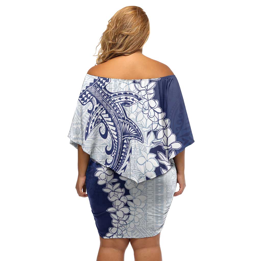 Polynesian Navy Blue Plumeria Lei Off Shoulder Short Dress with Hammerhead Shark LT7 - Polynesian Pride