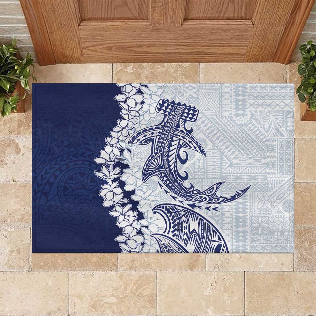 Polynesian Navy Blue Plumeria Lei Rubber Doormat with Hammerhead Shark