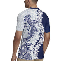Polynesian Navy Blue Plumeria Lei Rugby Jersey with Hammerhead Shark