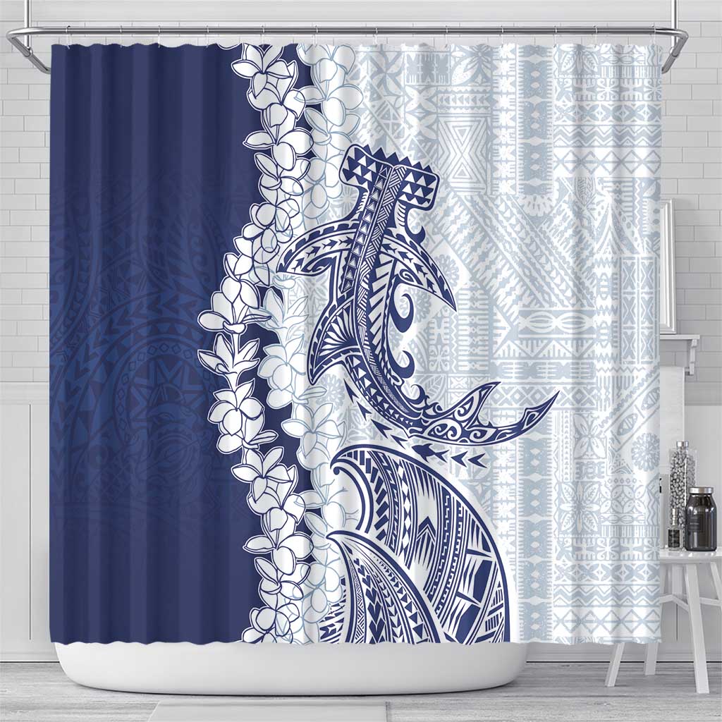 Polynesian Navy Blue Plumeria Lei Shower Curtain with Hammerhead Shark