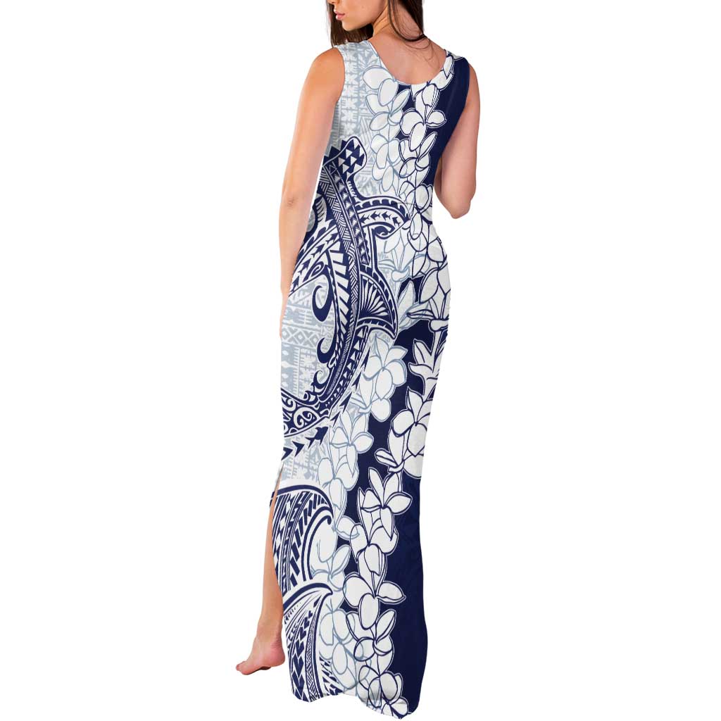 Polynesian Navy Blue Plumeria Lei Tank Maxi Dress with Hammerhead Shark