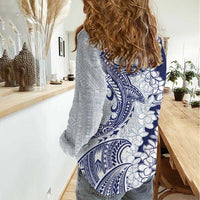 Polynesian Navy Blue Plumeria Lei Women Casual Shirt with Hammerhead Shark