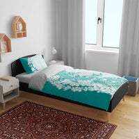 Polynesian Teal Plumeria Lei Bedding Set with Hammerhead Shark