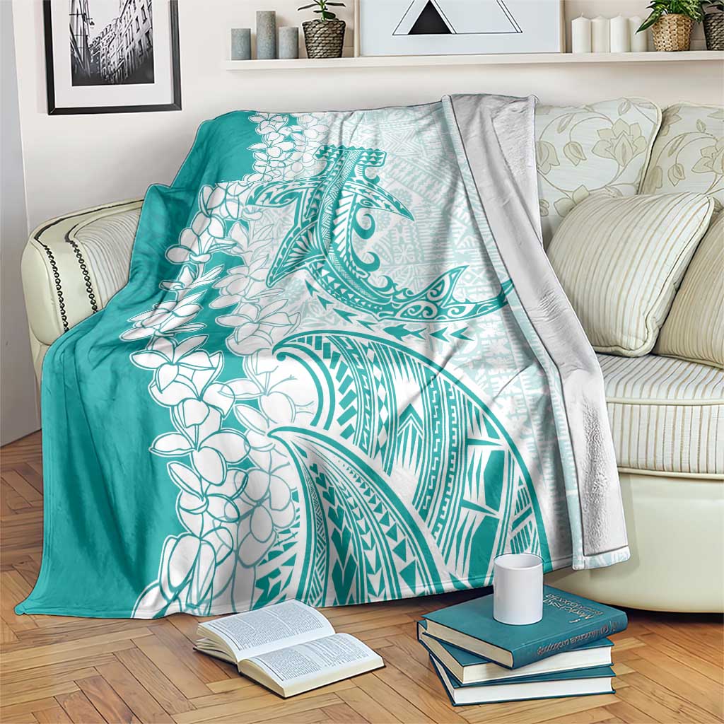 Polynesian Teal Plumeria Lei Blanket with Hammerhead Shark
