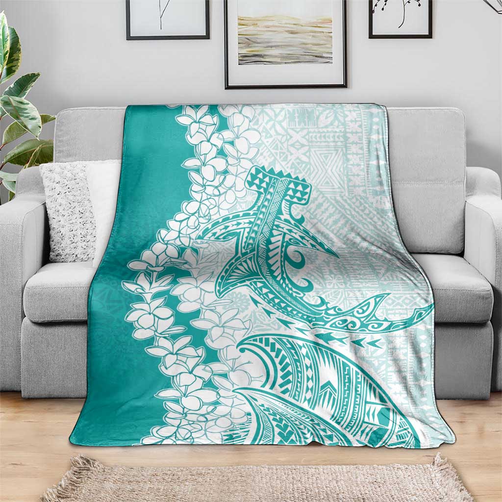 Polynesian Teal Plumeria Lei Blanket with Hammerhead Shark