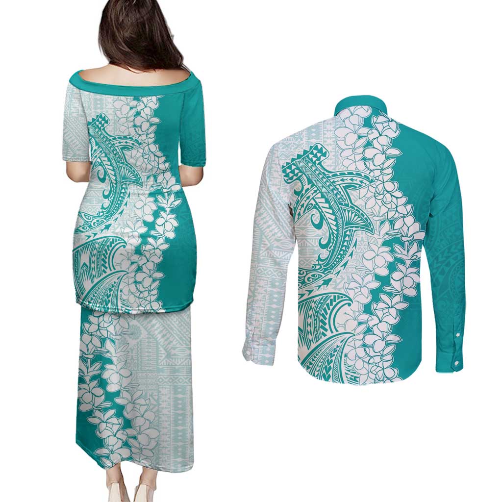 Polynesian Teal Plumeria Lei Couples Matching Puletasi and Long Sleeve Button Shirt with Hammerhead Shark