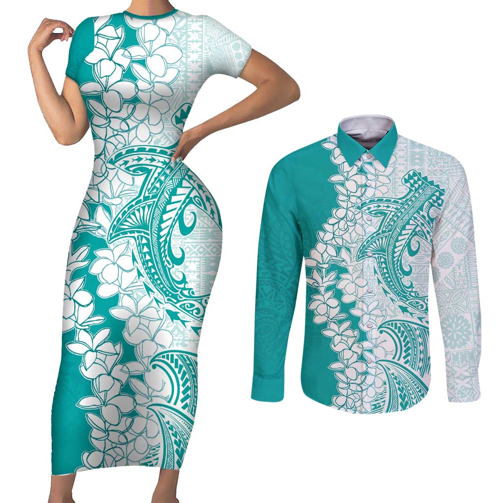 Polynesian Teal Plumeria Lei Couples Matching Short Sleeve Bodycon Dress and Long Sleeve Button Shirt with Hammerhead Shark