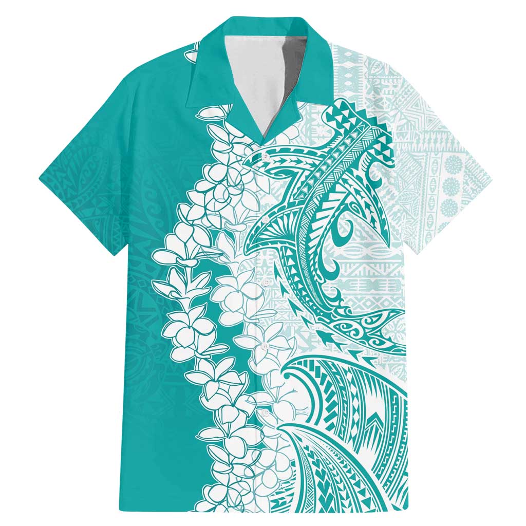 Polynesian Teal Plumeria Lei Family Matching Mermaid Dress and Hawaiian Shirt with Hammerhead Shark