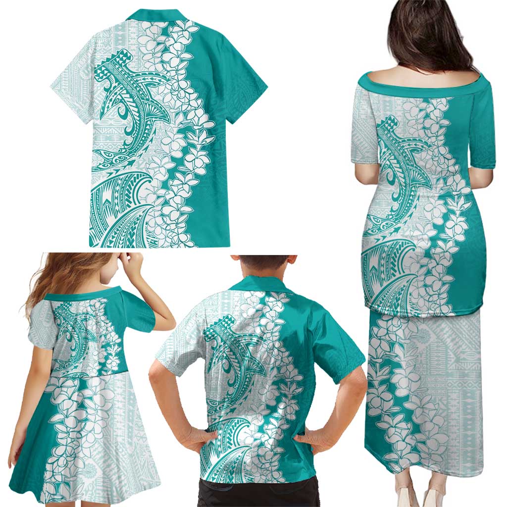 Polynesian Teal Plumeria Lei Family Matching Puletasi and Hawaiian Shirt with Hammerhead Shark