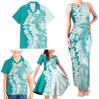 Polynesian Teal Plumeria Lei Family Matching Tank Maxi Dress and Hawaiian Shirt with Hammerhead Shark