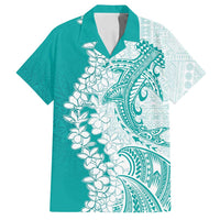 Polynesian Teal Plumeria Lei Family Matching Tank Maxi Dress and Hawaiian Shirt with Hammerhead Shark