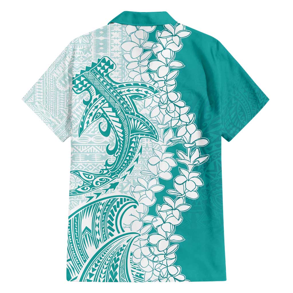 Polynesian Teal Plumeria Lei Family Matching Tank Maxi Dress and Hawaiian Shirt with Hammerhead Shark