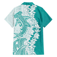 Polynesian Teal Plumeria Lei Family Matching Tank Maxi Dress and Hawaiian Shirt with Hammerhead Shark