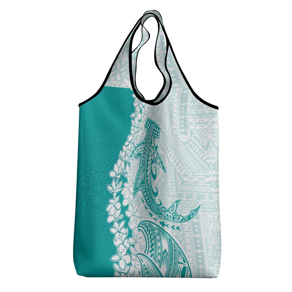Polynesian Teal Plumeria Lei Grocery Bag with Hammerhead Shark