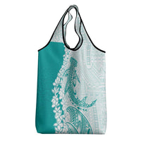 Polynesian Teal Plumeria Lei Grocery Bag with Hammerhead Shark